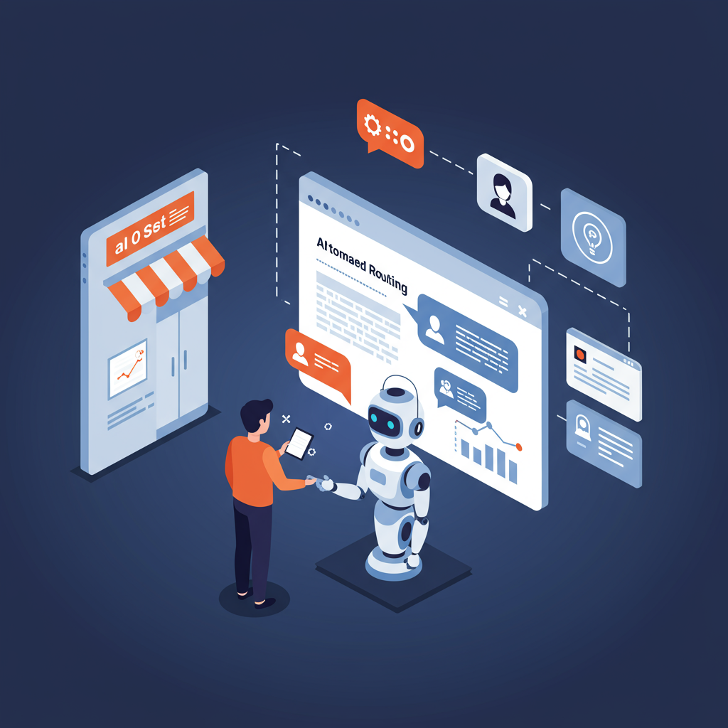 AI-powered chatbot interacting with customers on a digital interface, showing automated ticket routing and customer service workflow automation in a small business setting