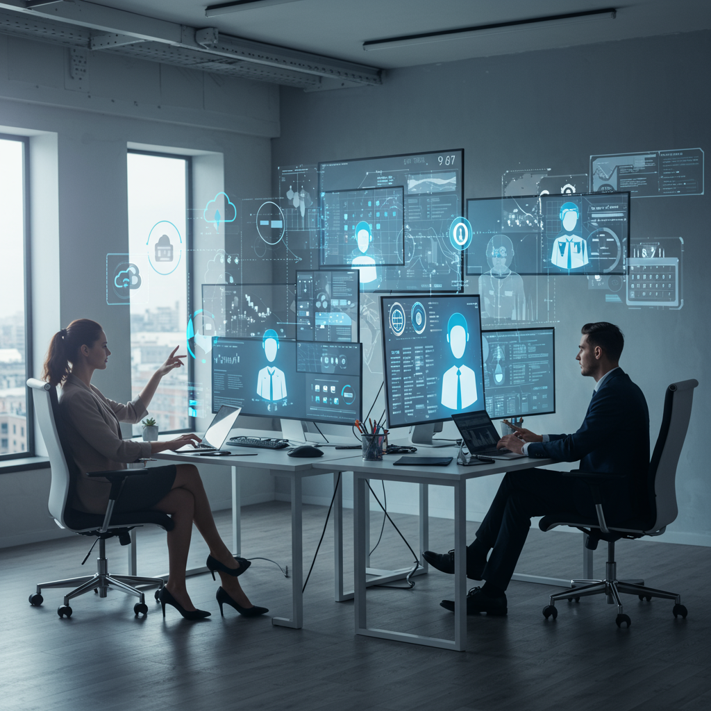 Diverse professionals in a modern office interacting with futuristic AI digital assistants, representing autonomous AI employees and AI agent platforms integration for SMEs.