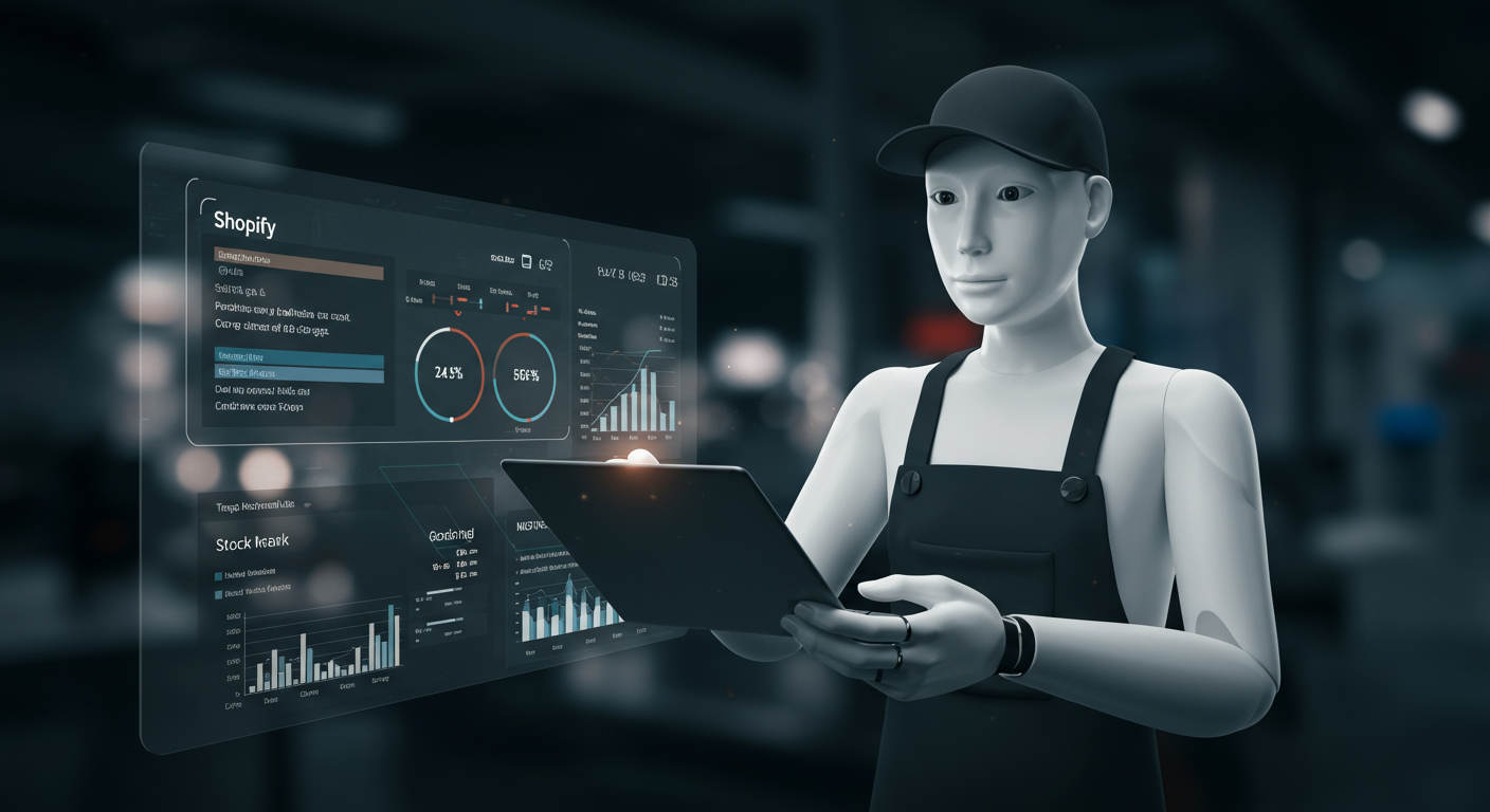 AI virtual employee managing Shopify inventory and order processing, with graphical representation of stock levels, sales trends, and reorder alerts, futuristic technology theme