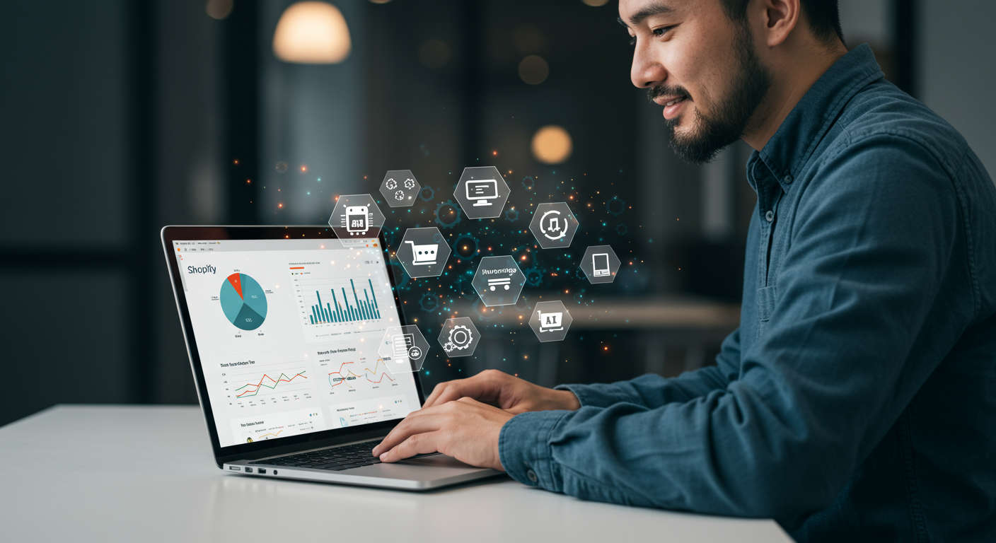 A small business owner using a laptop with Shopify dashboard and AI automation icons around, showing streamlined ecommerce operations and automation benefits