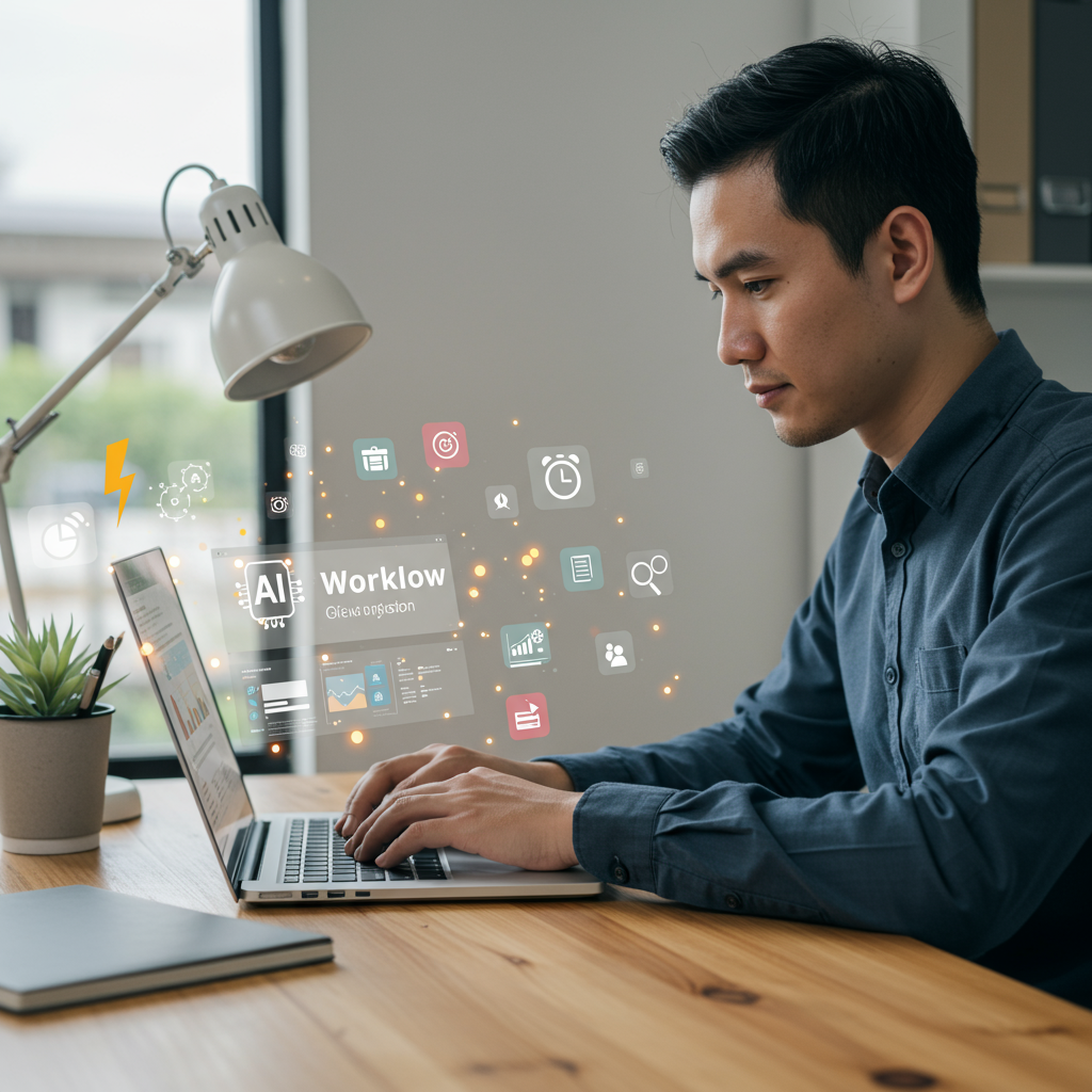 A small business owner using AI-driven workflow automation on a laptop, surrounded by icons representing efficiency, time-saving, and reduced errors, in a modern office setting