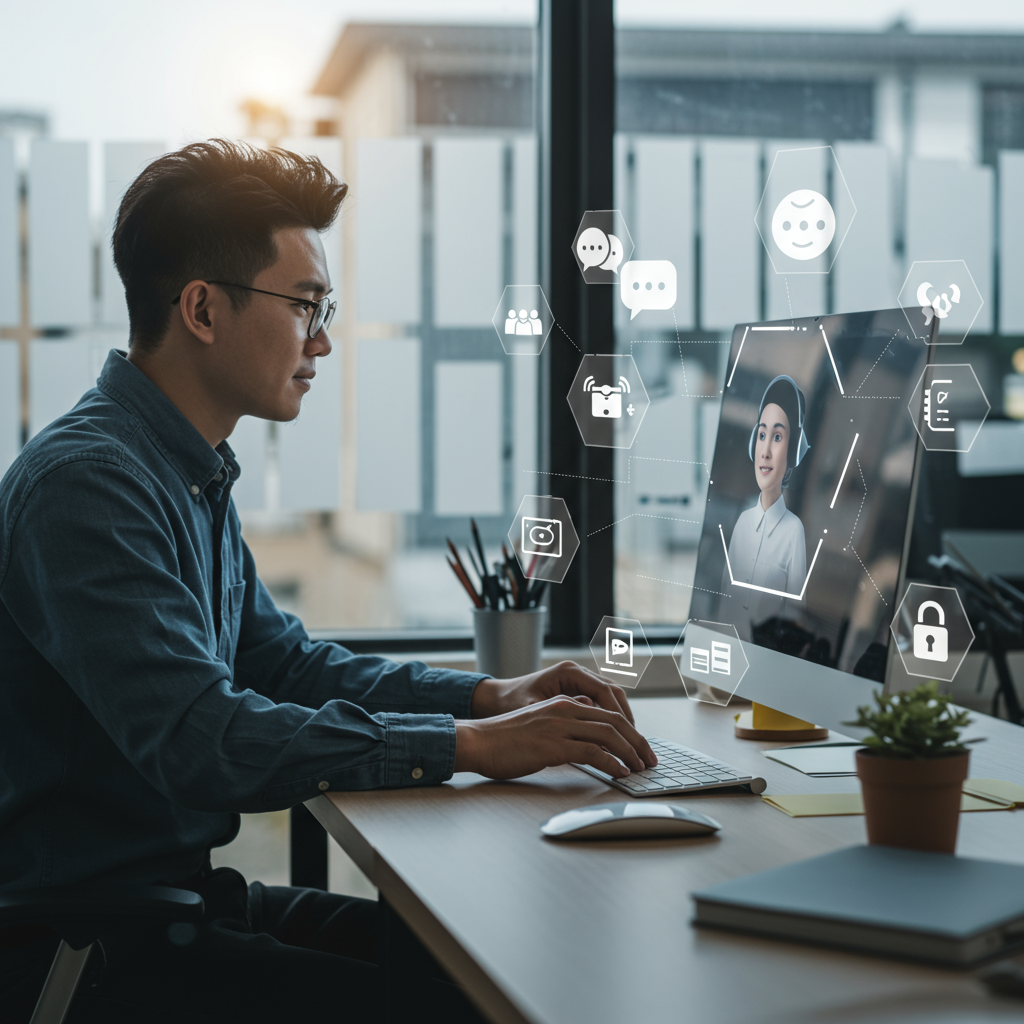 Small business owner interacting with AI virtual assistant on computer screen with icons of customer service automation in a modern office setting
