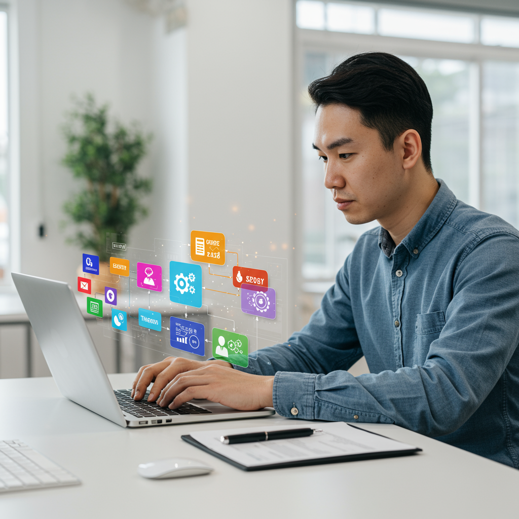 A small business owner using a no-code AI workflow automation platform on a laptop, with icons representing triggers, actions, and data flow around the screen, modern office setting