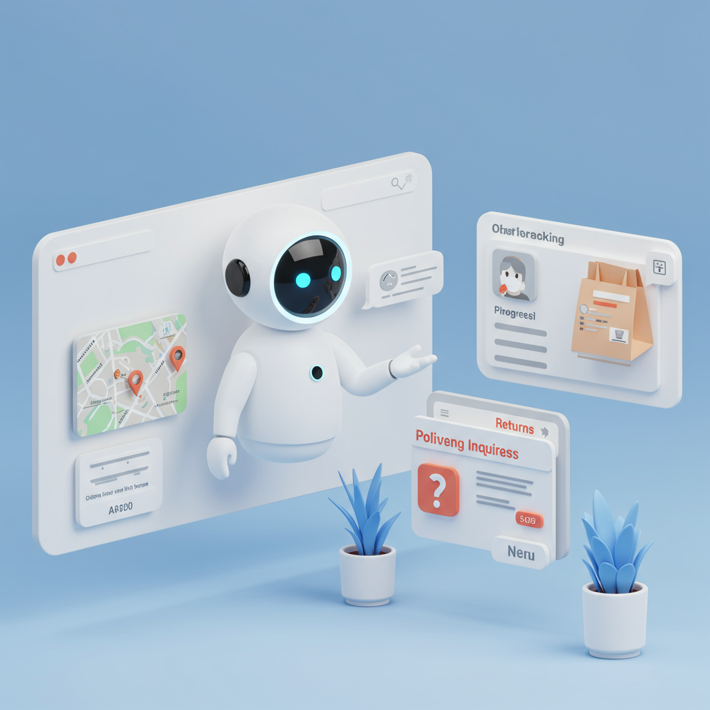 A friendly AI virtual assistant interacting with customers in multiple languages on an e-commerce website, showing order tracking, product inquiries, and returns support in a modern digital environment