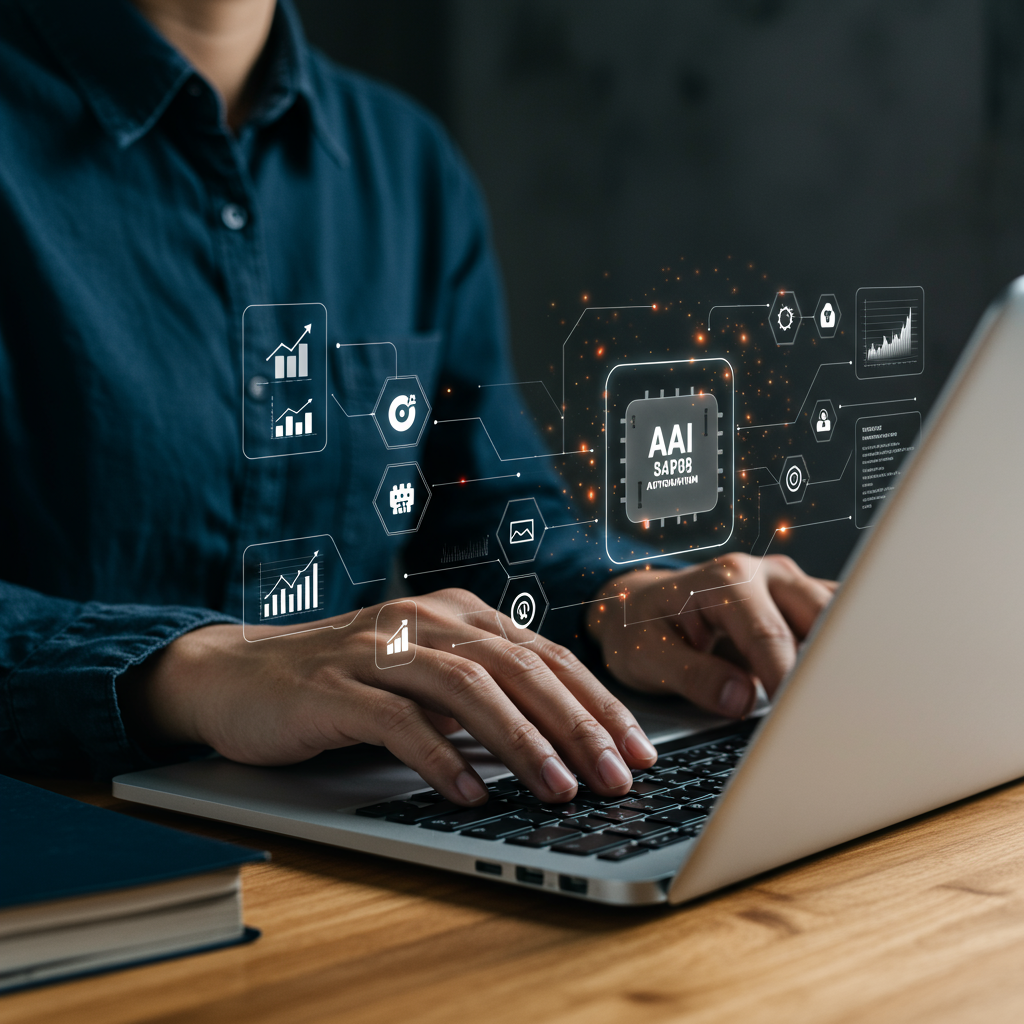 A small business owner using a no-code AI automation platform on a laptop, with visual workflow builders and automation icons around, representing ease of use and empowerment for SMEs