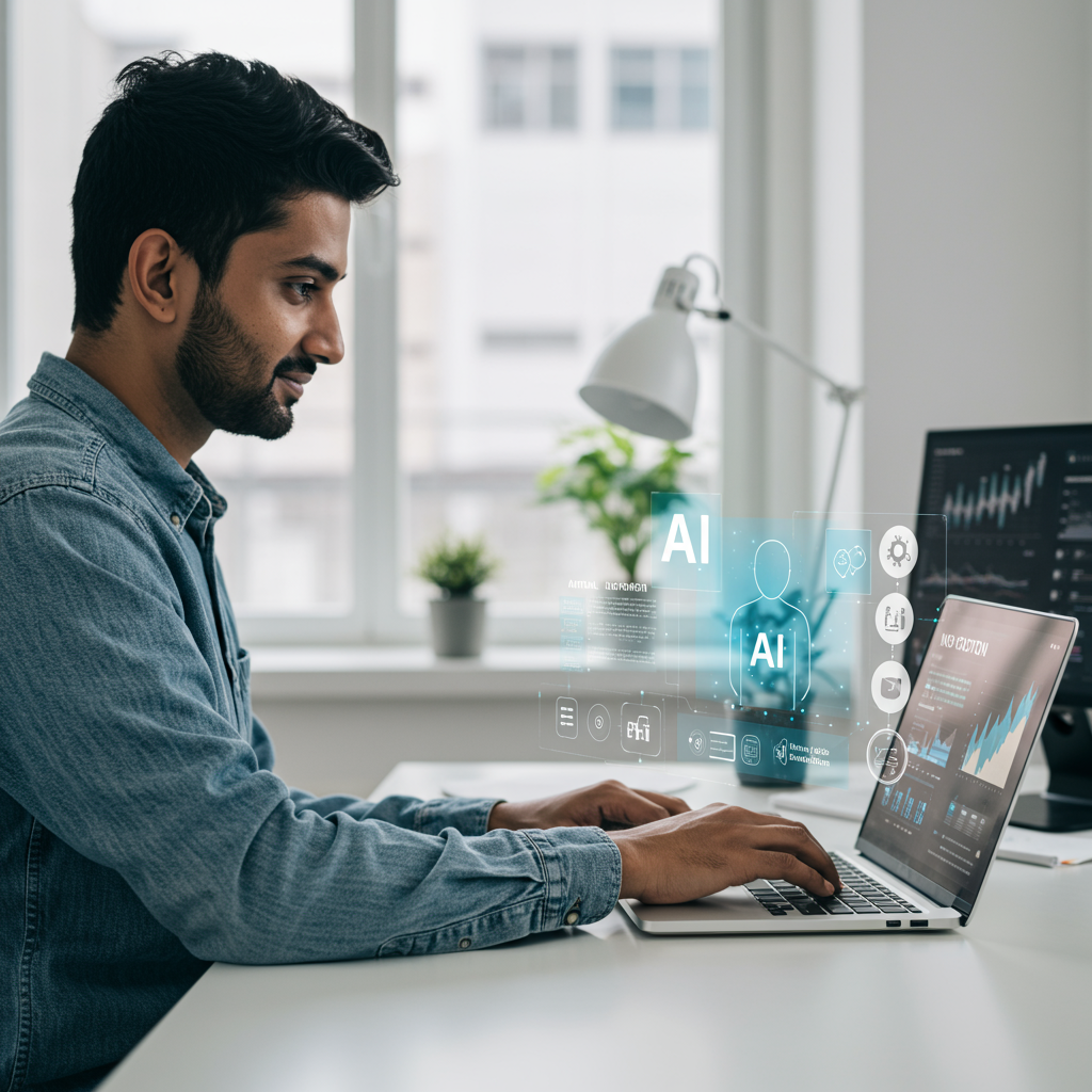 Small and medium-sized business owner using AI virtual employee on a laptop, no-code automation interface visible, digital marketing concept, modern office background