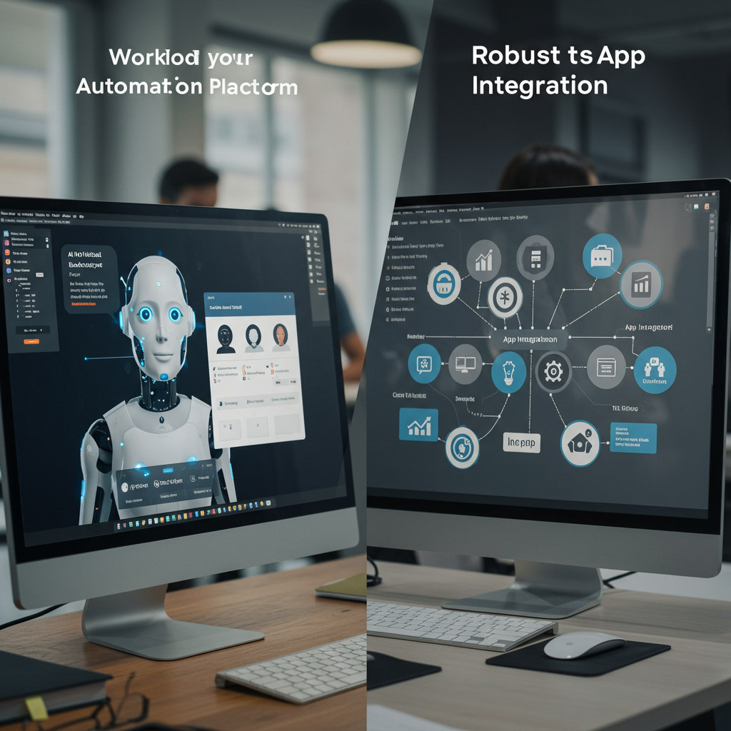 A comparison scene showing two workflow automation platforms on computer screens, one highlighting AI virtual employee features and the other showing app integrations, with a small business environment background
