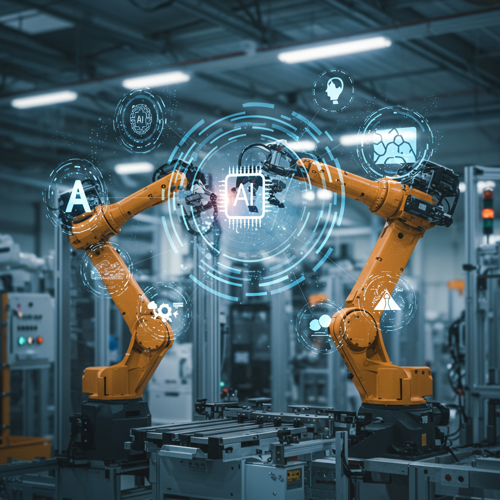 Futuristic robotic arm operating autonomously in a modern industrial factory with digital AI interface elements symbolising AI agents and automation.