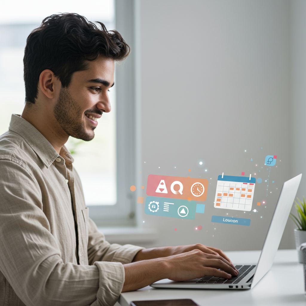 A small business owner using AI appointment scheduling on a laptop with calendar and clock icons, showing efficiency and automation for SMEs