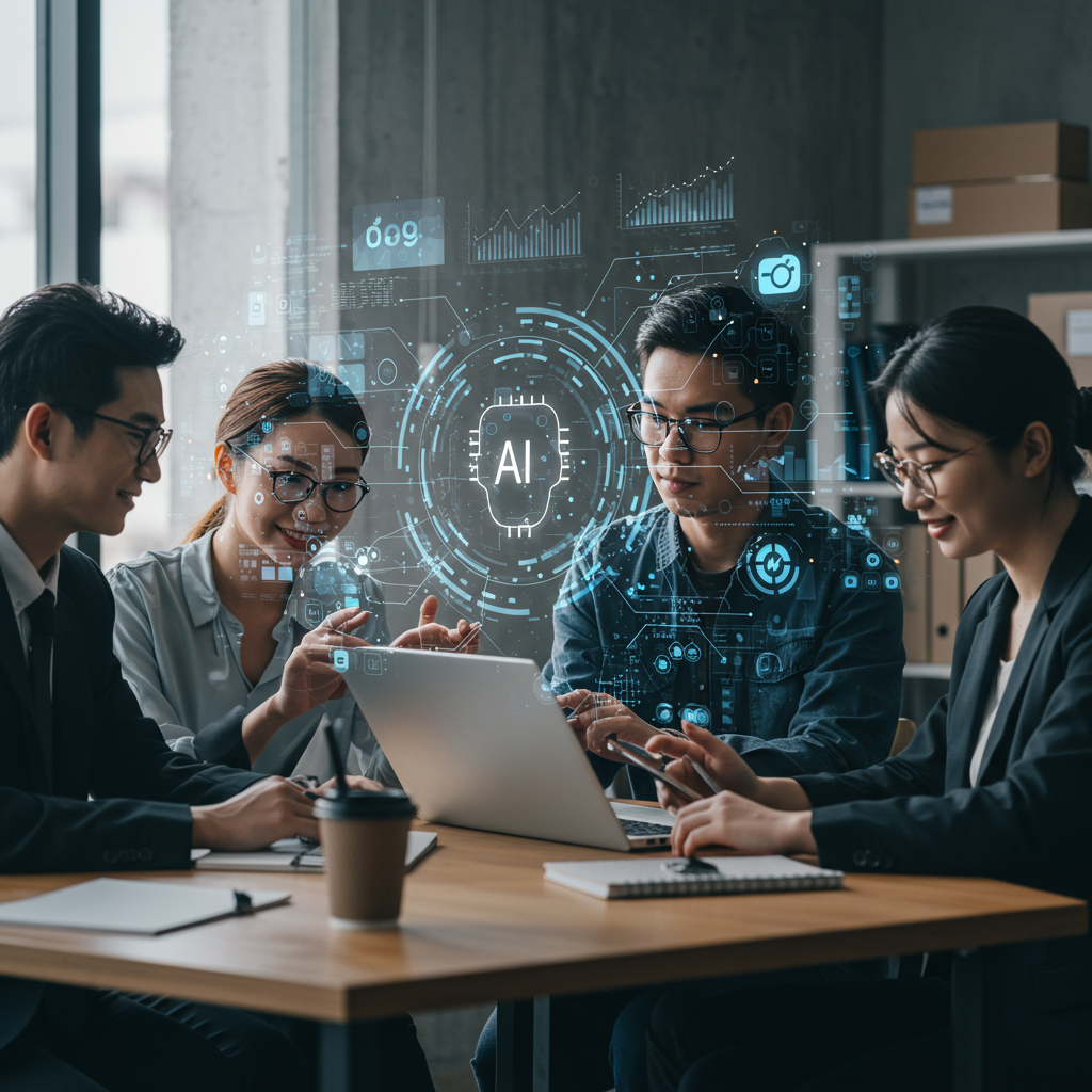 Diverse small business owners collaborating with AI technology in a modern office, symbolising workflow automation and AI agents for SMEs