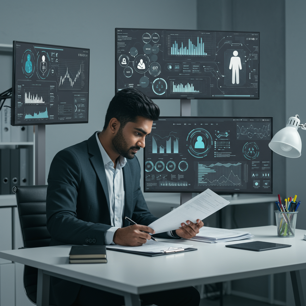 A small business office with AI technology assisting in compliance automation, showing digital screens with regulatory data and a business owner reviewing documents efficiently