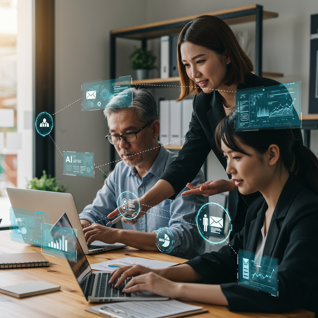 A busy small business sales and marketing team using AI-powered tools on laptops and tablets, with visual elements representing automated workflows, lead management, and customer engagement