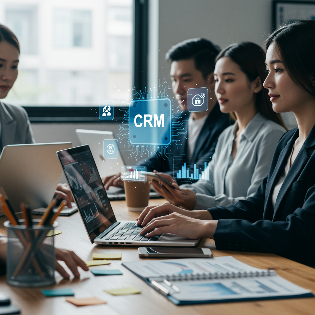 Diverse small business team using laptops and tablets with AI and CRM software interfaces in a modern office setting, illustrating AI agents integrating with CRM systems for sales and marketing automation.