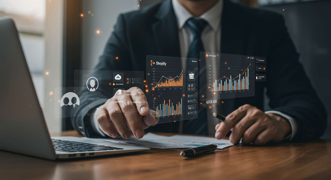 Ecommerce business owner using Shopify plugin with AI lead generation automation, showing digital marketing elements like customer profiles, sales growth charts, and online store interface