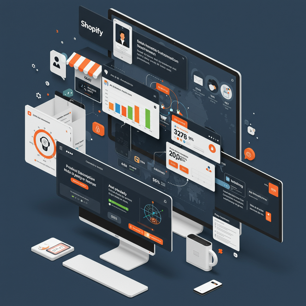 A Shopify online store dashboard showing AI automation tools in action, with product descriptions, customer queries, and email marketing automation, vibrant and user-friendly interface