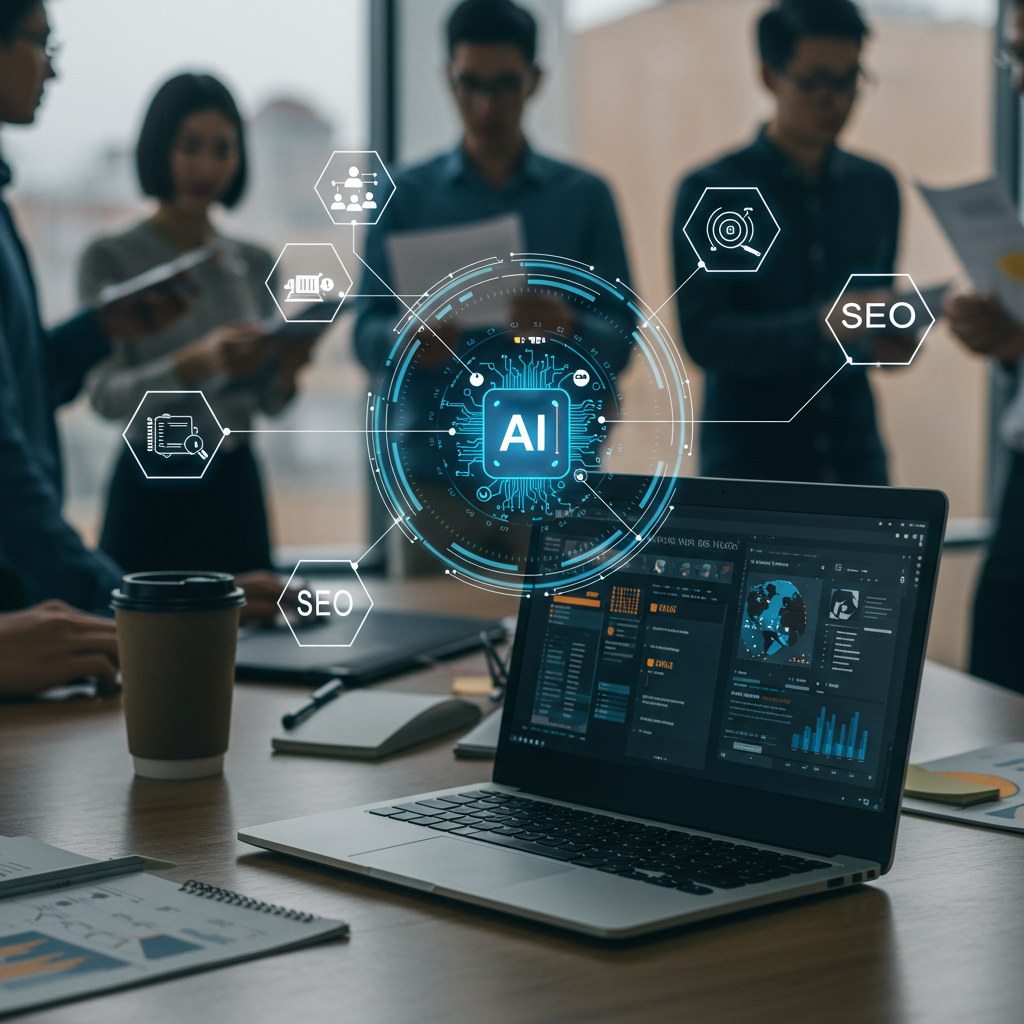 Modern office workspace with a laptop showing AI content writing software, surrounded by digital icons for AI, writing, SEO, and productivity, with diverse professionals collaborating in the background.