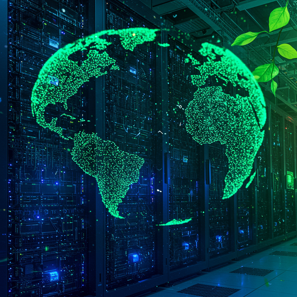Modern data centre with servers and GPUs illuminated by blue and green lights, with a globe and green leaves symbolising eco-friendly AI technology and sustainability