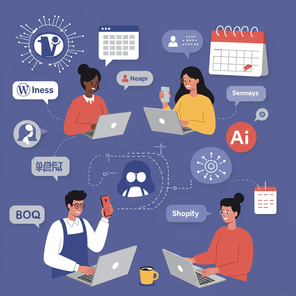 Small business owners using AI virtual employees on laptops and smartphones to automate appointment scheduling with WordPress and Shopify integration in a modern office setting