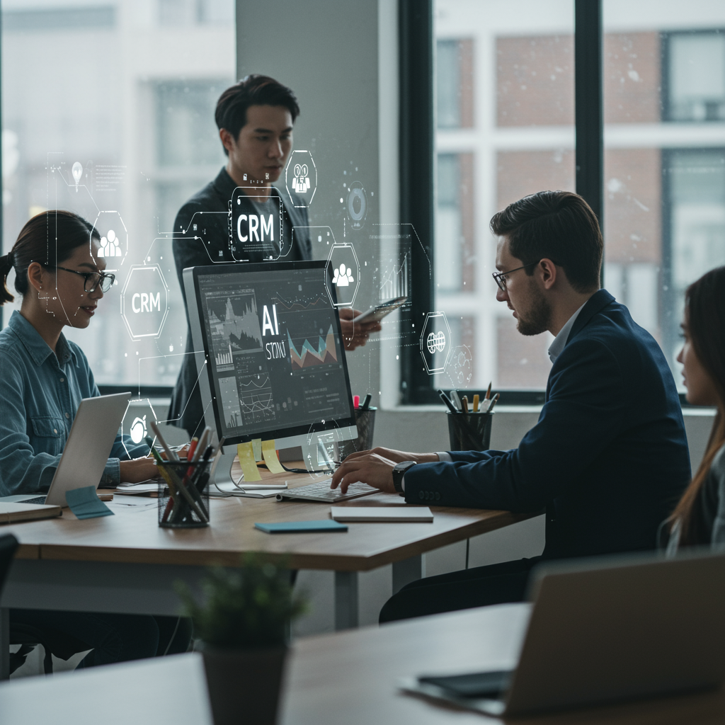Diverse small business team collaborating with AI technology on CRM integration in a modern office workspace