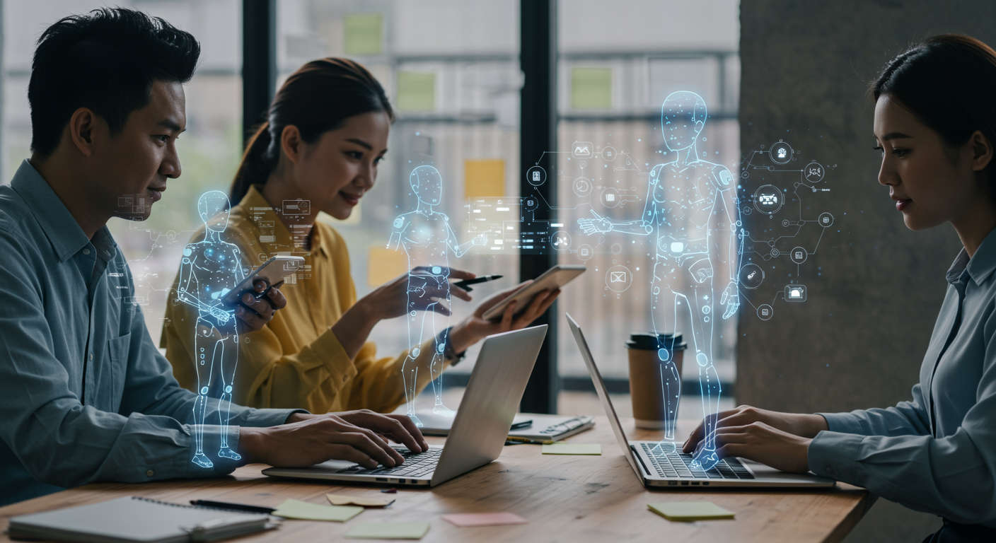 Small business owners using AI virtual employees on digital devices to automate tasks and boost growth