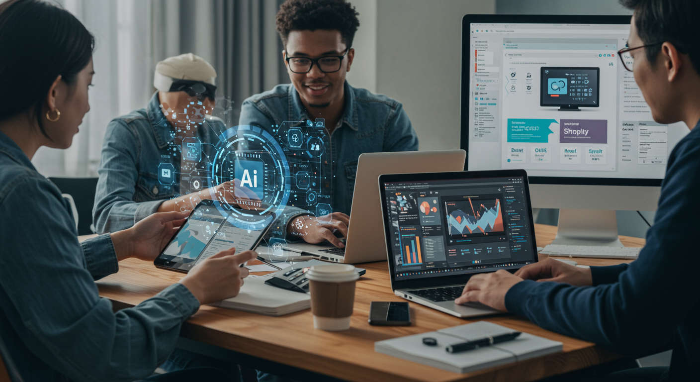 A modern, diverse small business team working collaboratively with AI technology on laptops and digital devices, showcasing AI-powered marketing automation concepts with WordPress and Shopify interfaces in the background, vibrant and professional style