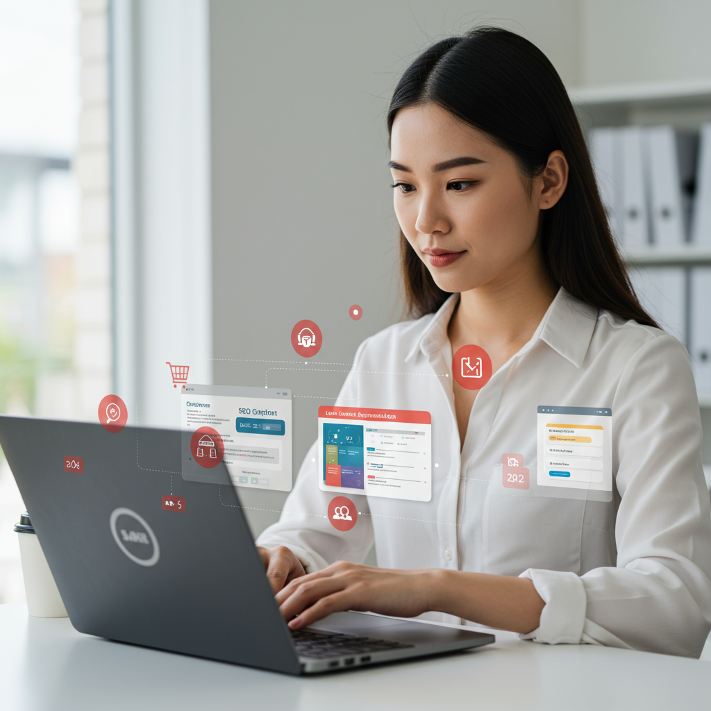 An e-commerce business owner managing product content and SEO optimisation on a computer, with shopping and local service icons, illustrating lead capture and follow-up automation