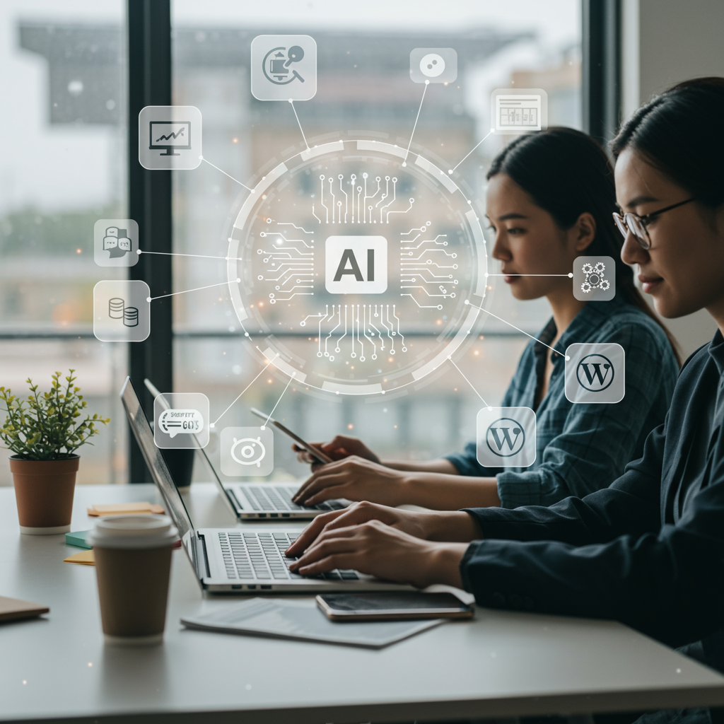 Diverse small business owners using laptops and digital devices in a modern office, surrounded by icons of workflow automation, AI, Shopify, and WordPress, symbolising seamless technology integration and productivity.