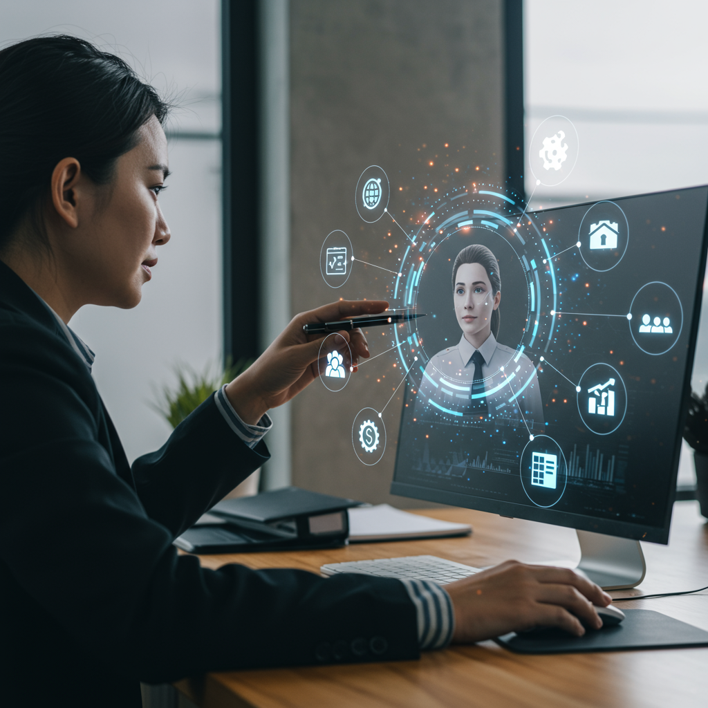Small business owner using AI virtual employee on computer for automating compliance tasks in a modern office setting