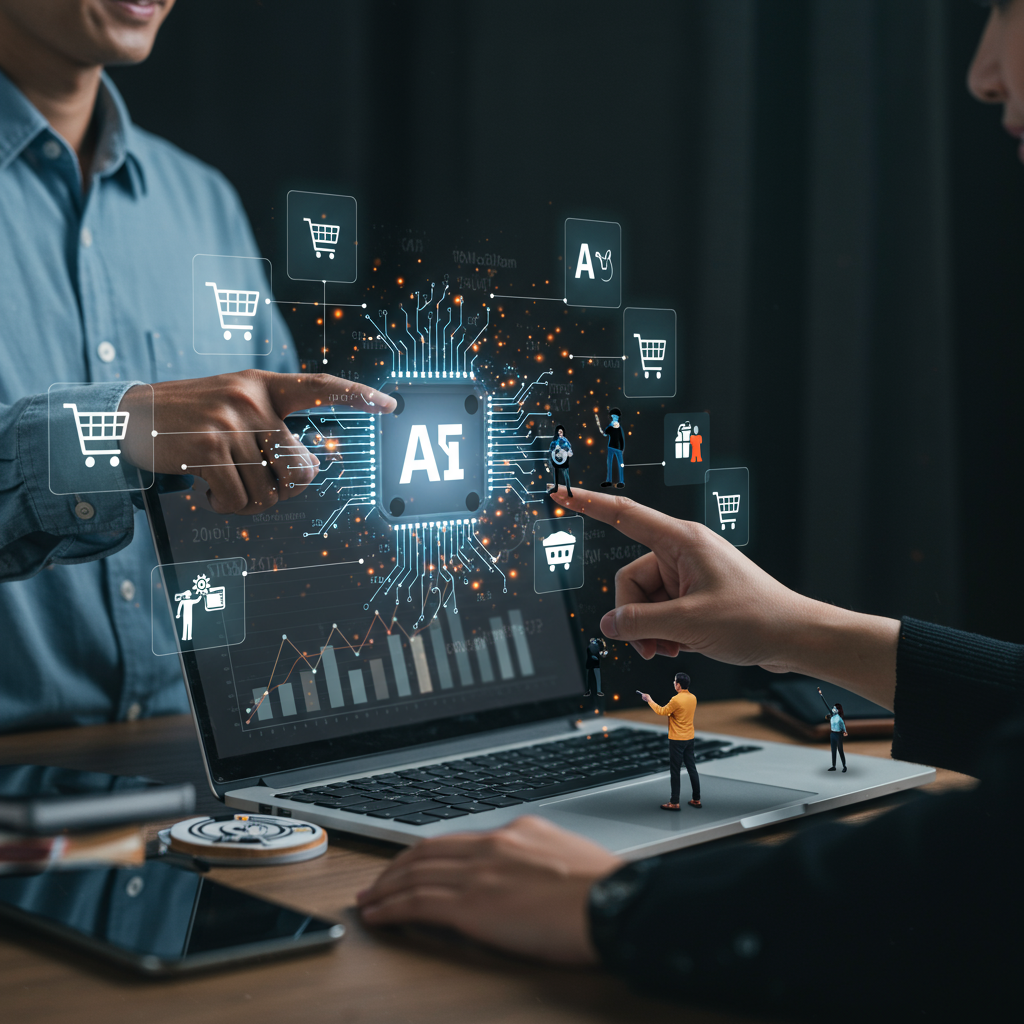 A modern e-commerce workspace with a laptop displaying AI technology, surrounded by shopping icons, digital graphs, and diverse people interacting with virtual AI assistants, symbolising automation and business growth