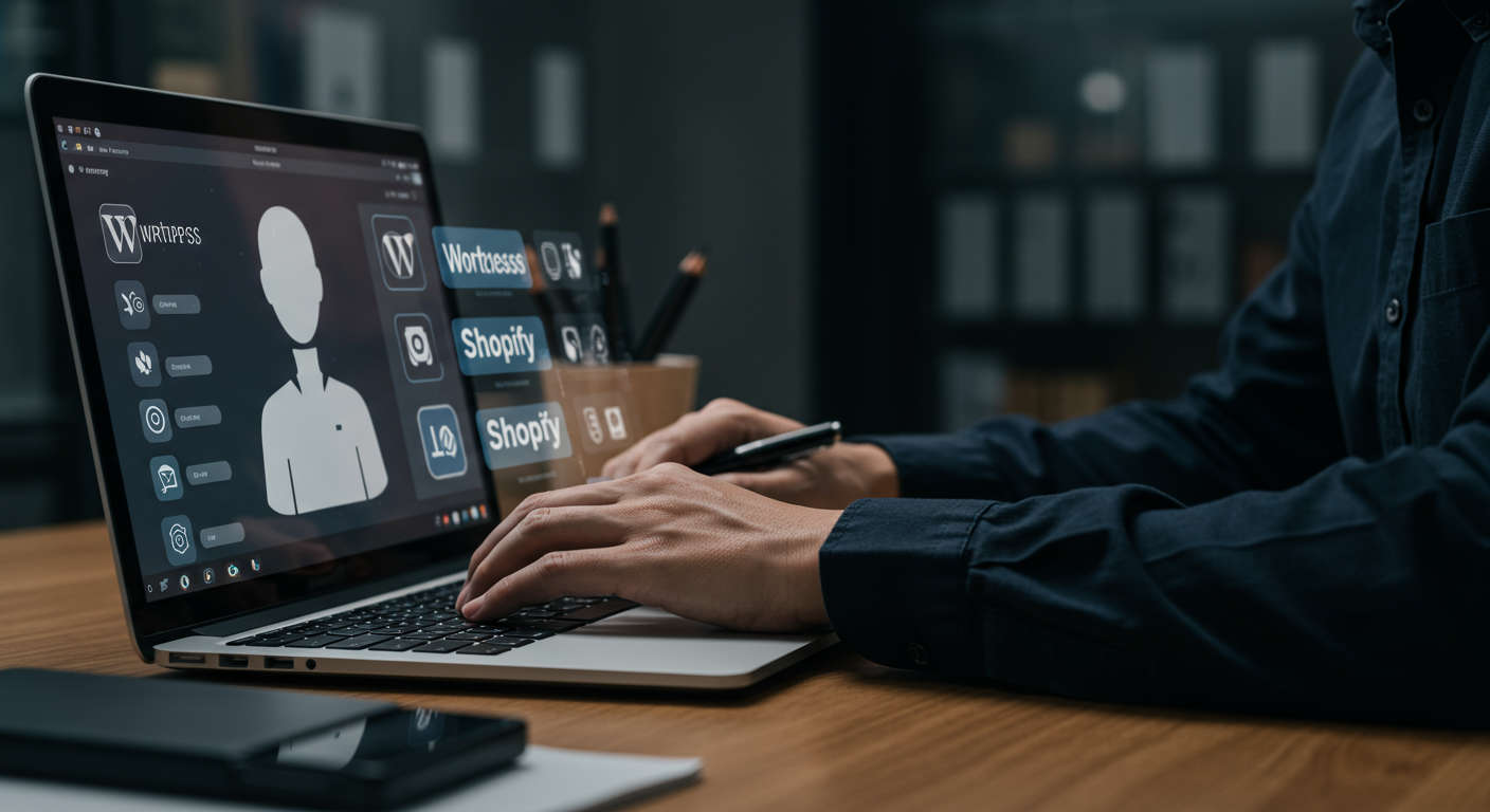 Small business owner using AI virtual employee on laptop with WordPress and Shopify logos, showing ease of AI automation onboarding, modern office setting