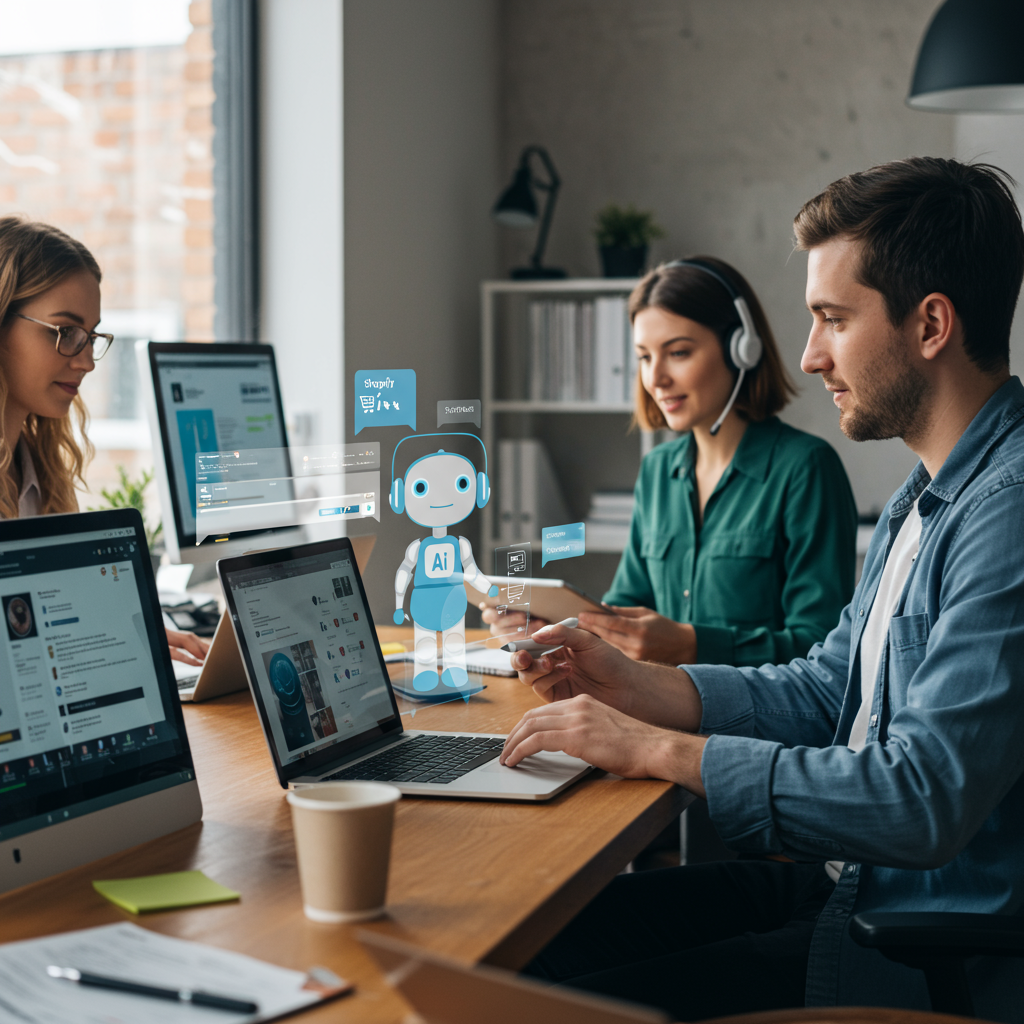 Diverse small business team using AI chatbot interfaces on laptops and tablets in a modern office, illustrating customer service automation with Shopify and WordPress integration.