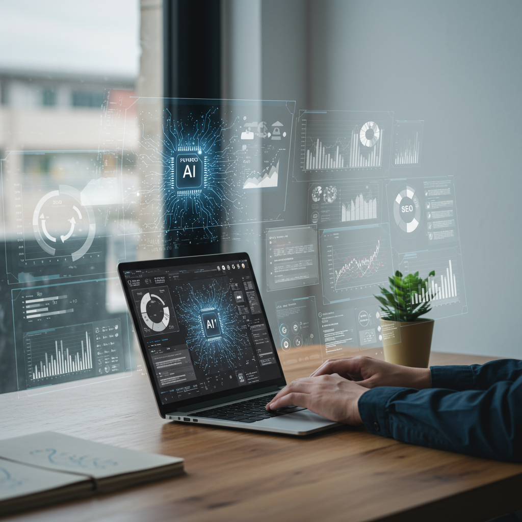 A modern digital workspace showing a person using AI technology on a laptop with multiple screens displaying data, charts, and content creation tools, symbolising AI-powered content research and automation for SMEs.
