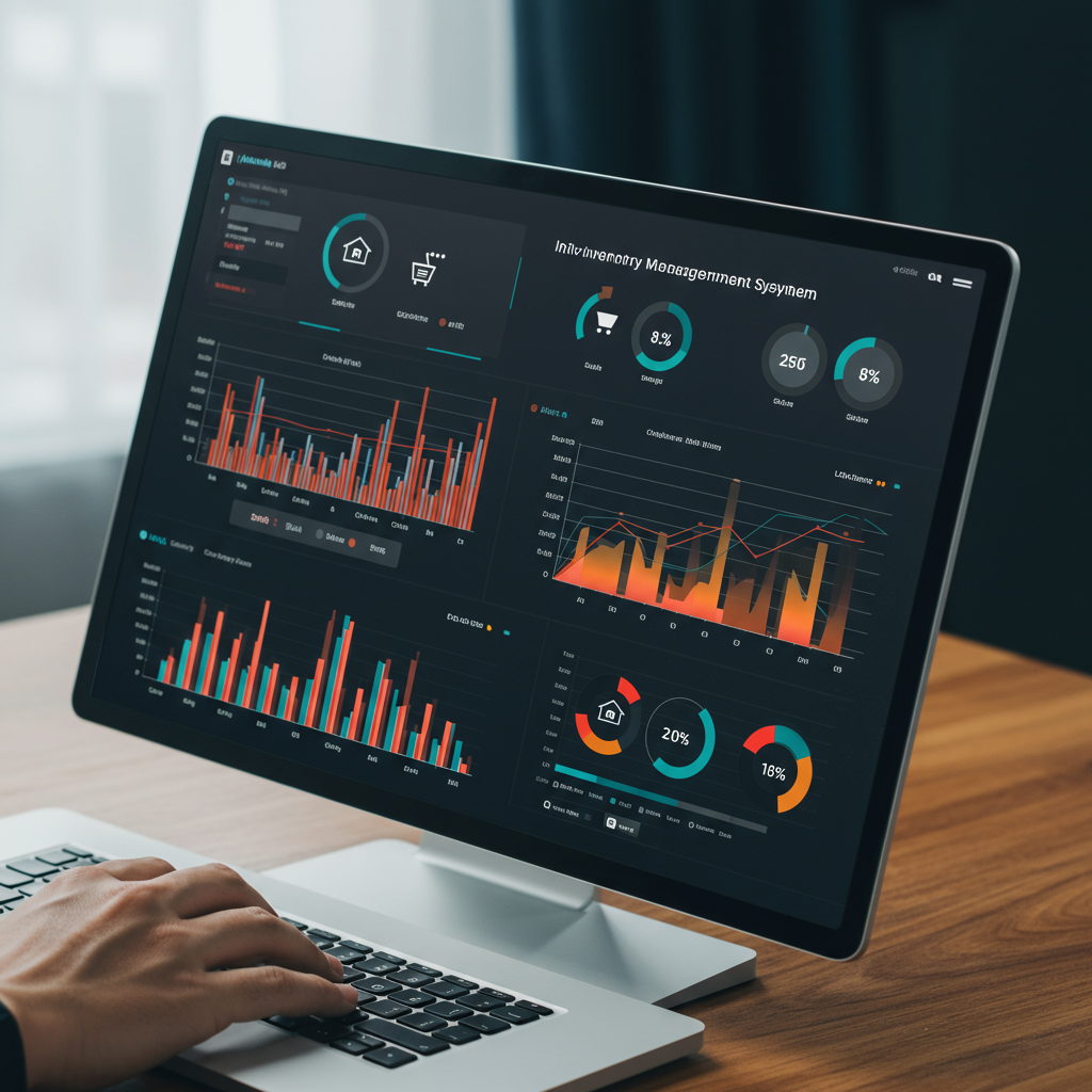 AI-powered inventory management system analysing sales data with graphs and charts, showing stock levels and predictive analytics in a modern e-commerce setting