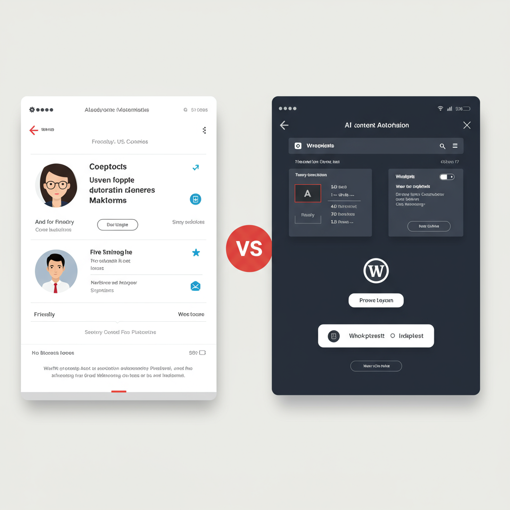 Comparison of two AI content automation platforms for SMEs, showing a friendly user interface on one side and a WordPress integration dashboard on the other, with a small business marketing theme