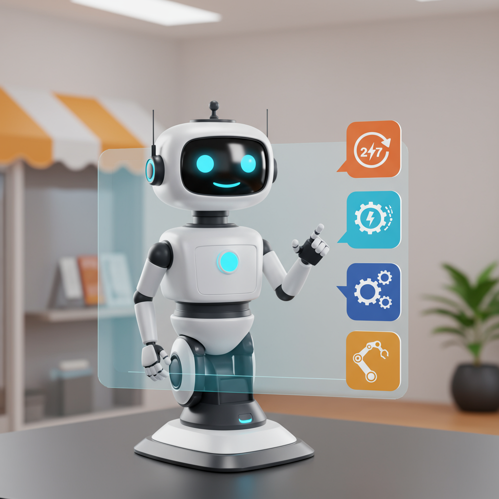 A friendly AI virtual employee chatbot assisting customers on a digital screen, with icons representing 24/7 support, instant responses, and automation in a small business environment
