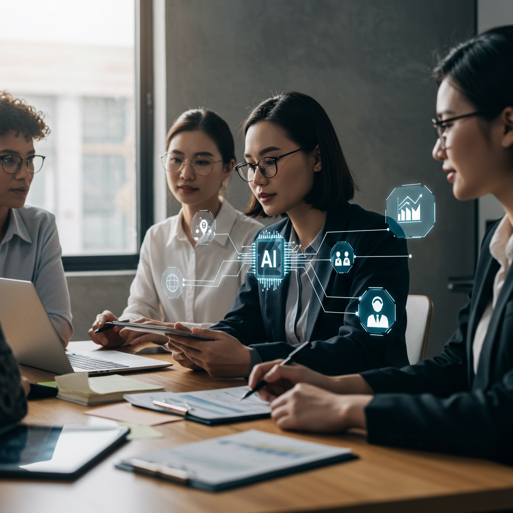 Diverse small business owners collaborating with AI technology in a modern office, symbolising AI infrastructure and automation costs for SMEs in 2025