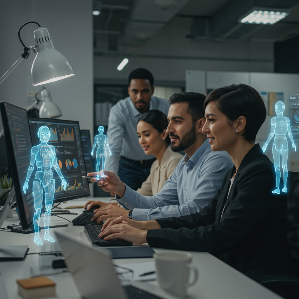 A modern SME office environment with AI-driven automation agents working on computers, showing seamless integration of technology and business workflows, diverse professionals collaborating efficiently