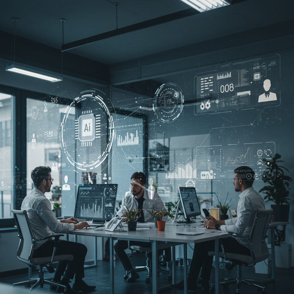 Futuristic office environment with AI agents and workflow automation, showing diverse professionals collaborating with AI technology and digital data streams for smart business process automation in SMEs