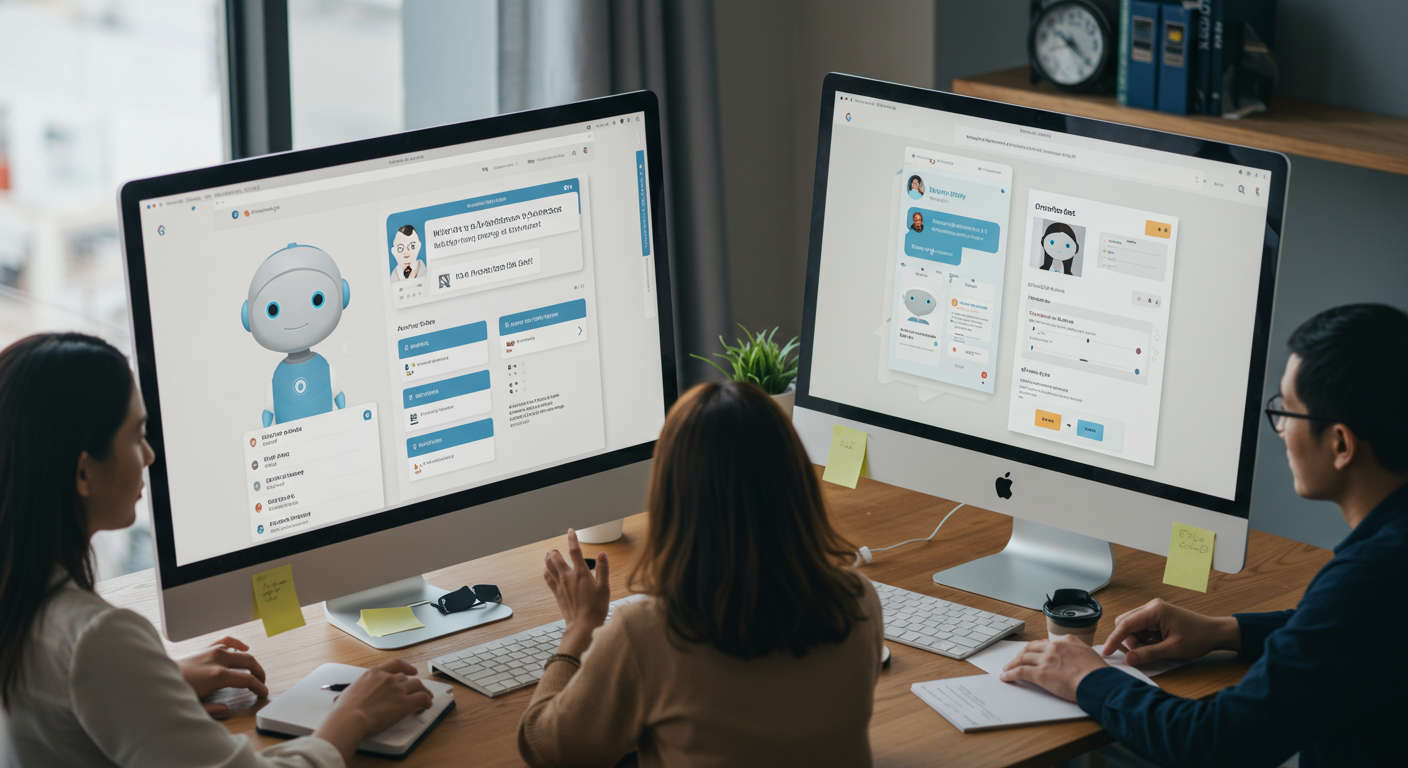 AI chatbots integrated with WordPress and Shopify platforms, showing chatbot interfaces on website screens, small business owners monitoring customer interactions, digital technology theme