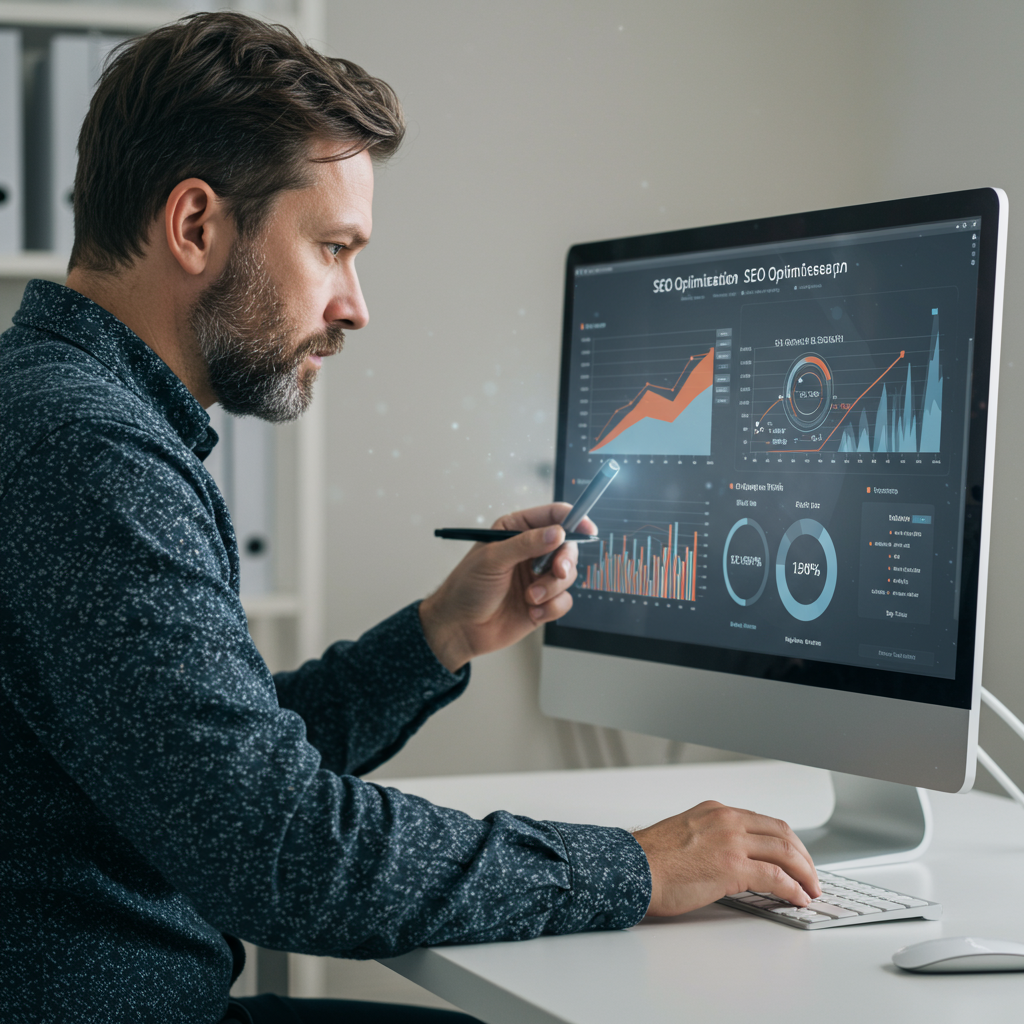 A small business owner analysing SEO optimisation tools on a computer screen, with graphs and keyword research visuals, showing increased organic traffic, professional and clean design