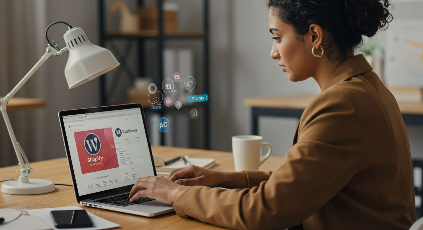 Small business owner using AI automation tools on a laptop, with WordPress and Shopify logos visible, representing affordable AI automation for SMBs