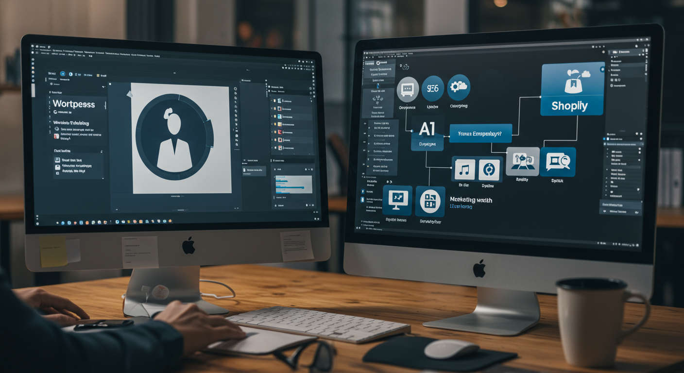 Integration of AI virtual employee with WordPress and Shopify on computer screens, showing automated workflows and marketing data, tech-savvy small business environment