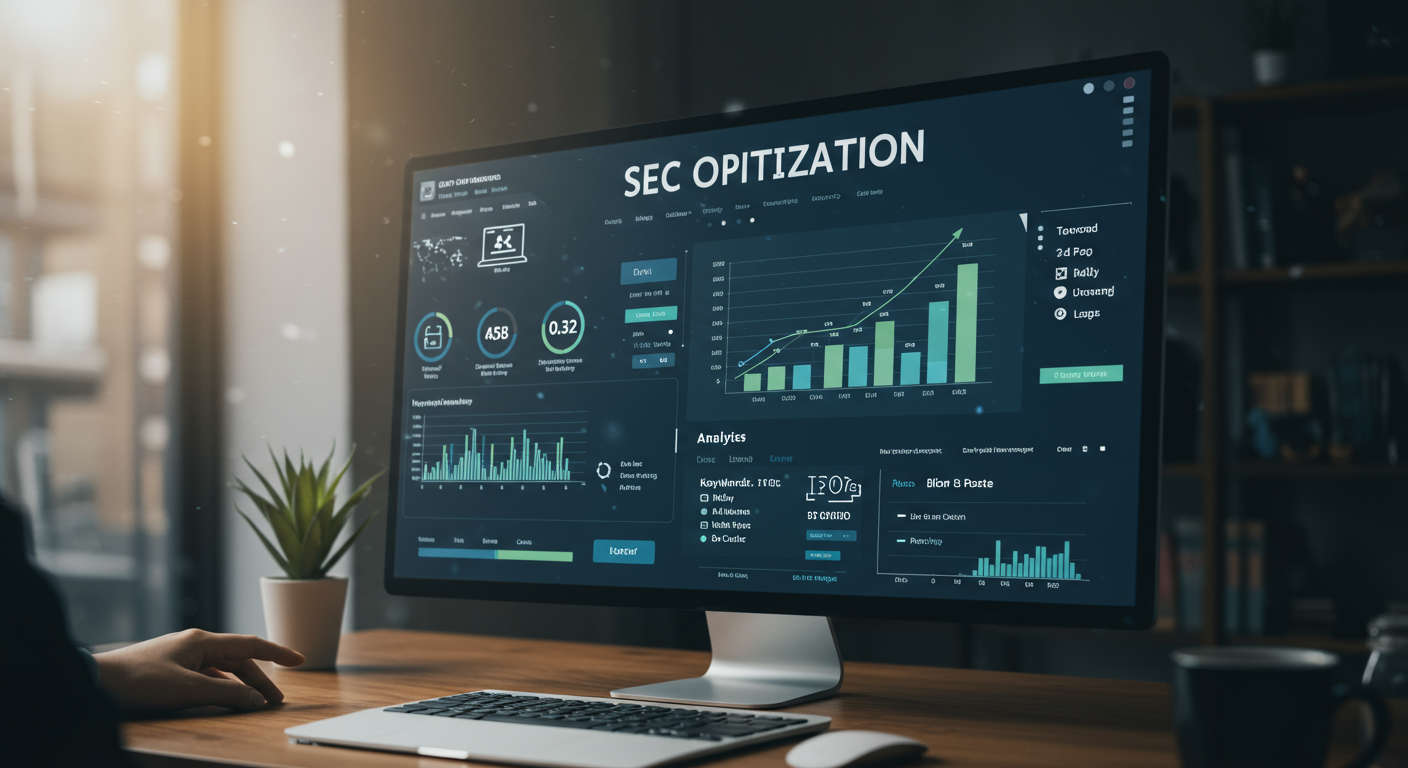 SEO optimisation concept with keywords, backlinks, and daily blog posts on a digital screen, showing growth and analytics for small business