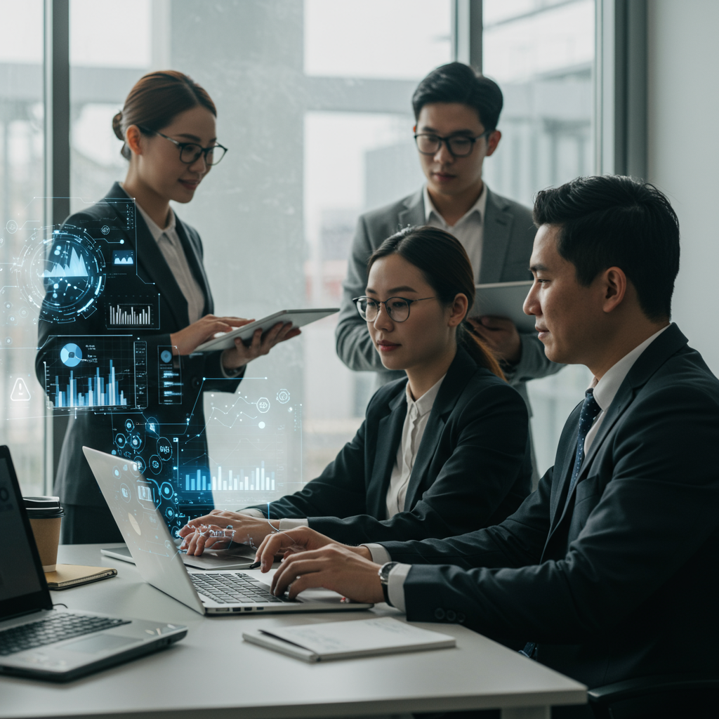 A diverse group of SME business owners collaborating with AI-driven digital agents in a modern office, symbolising intelligent automation and business growth through technology.