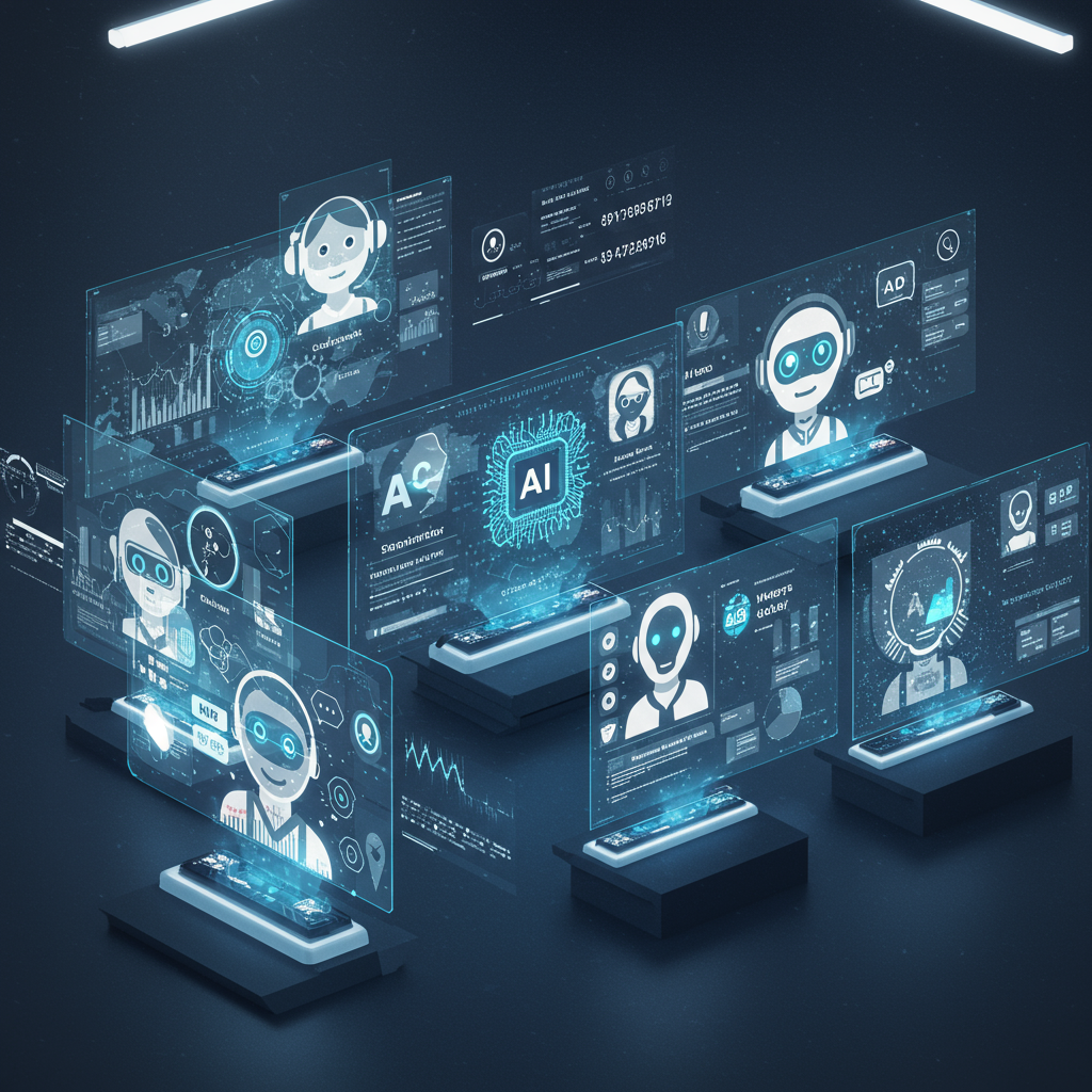 An AI agent marketplace scene where creators are selling their AI agents to small and medium enterprises, showcasing digital transactions, subscription models, and business automation solutions.