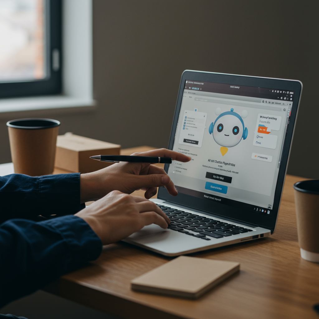 A small business owner setting up an AI chatbot plugin on Shopify and WordPress platforms using a laptop, illustrating no-code integration and automation of customer service tasks like FAQs and order tracking