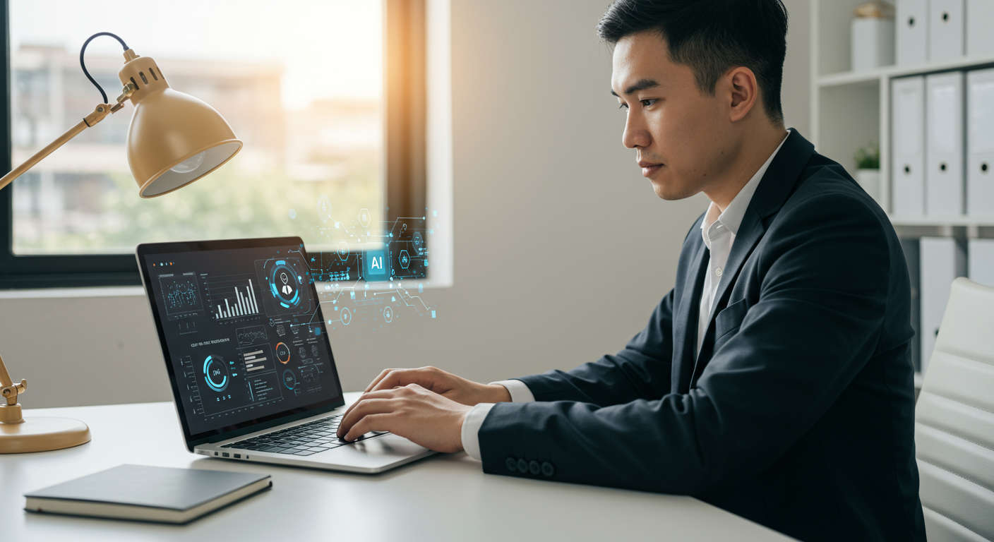 Small business owner using AI virtual employee on laptop, automating content creation and lead generation, modern office background, productivity and technology theme