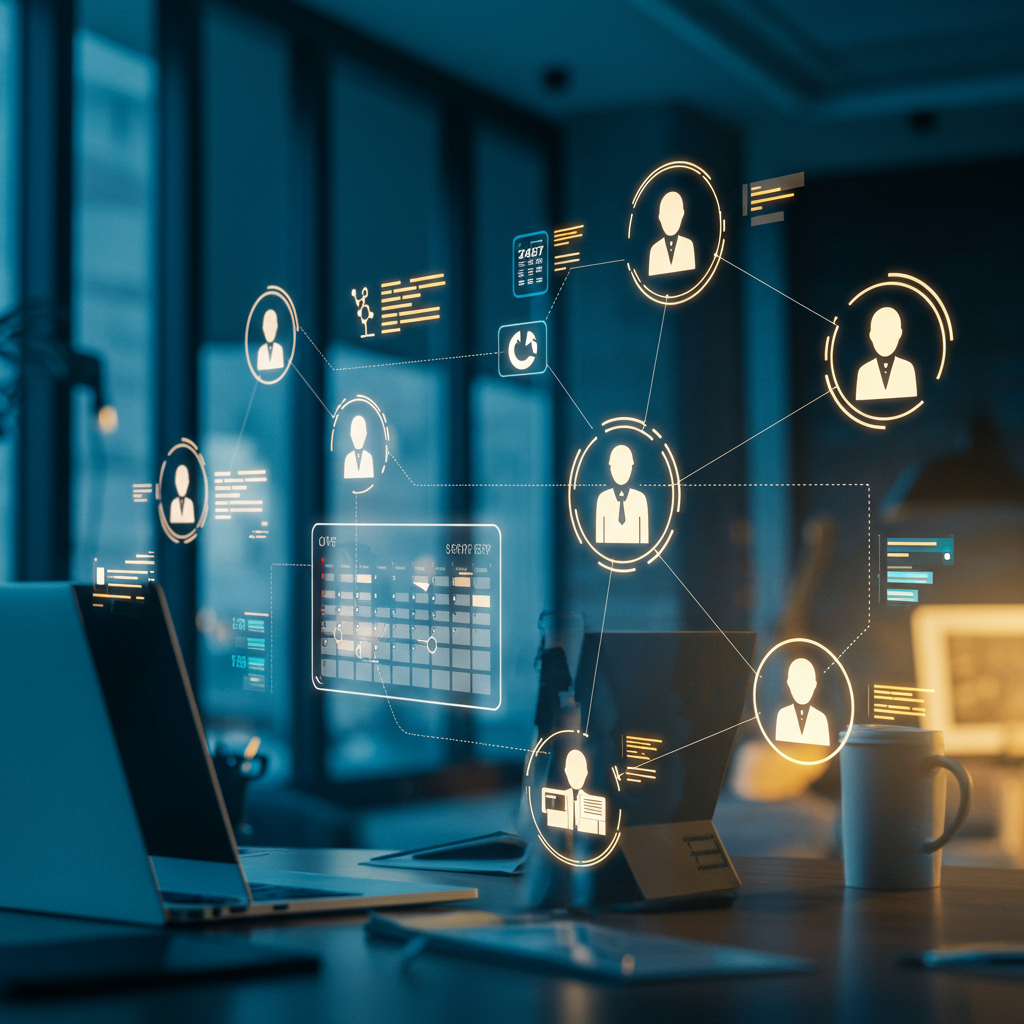 A digital workforce of autonomous AI employees operating 24/7 in a small business setting, showing calendar integration, task management, and continuous workflow automation for SMEs