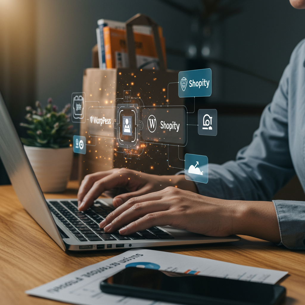 An ecommerce business owner using a laptop with WordPress and Shopify logos visible, showing seamless integration of AI virtual employee plugins automating content publishing and marketing workflows, with a backdrop of online store products and analytics charts