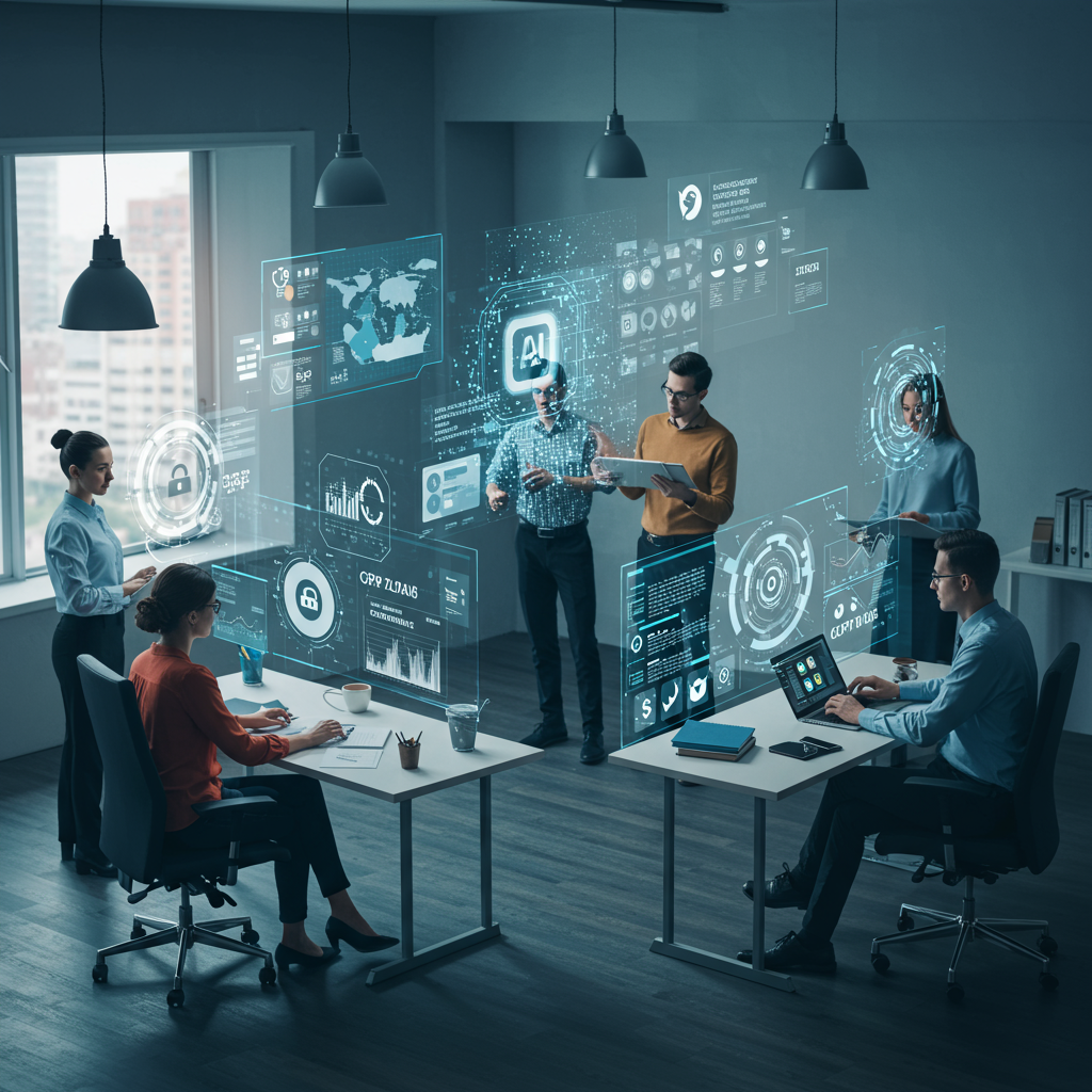 Diverse SME team using AI technology for business compliance automation with digital interfaces showing audit trails and risk management dashboards in a modern office setting